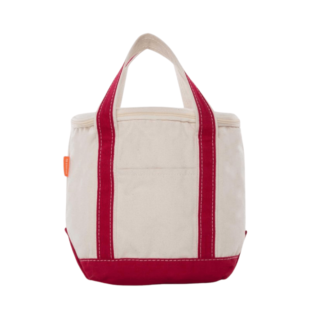 Cream canvas embroidered-gameday-cooler-tote with red trim, zip top, and short carry handles.