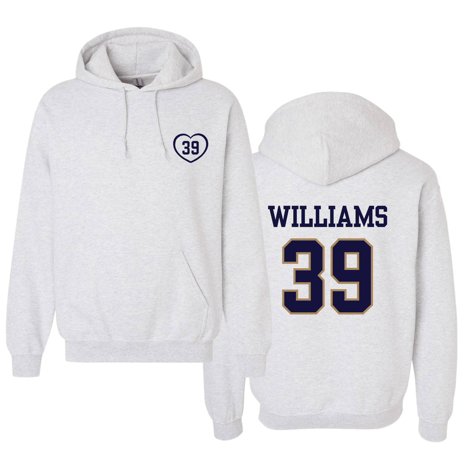 Gray hoodie with navy heart “39” on chest and bold “WILLIAMS 39” across the back
