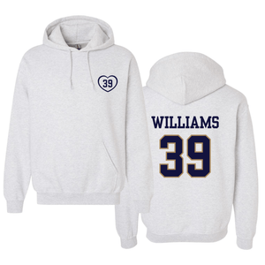 Gray hoodie with navy heart “39” on chest and bold “WILLIAMS 39” across the back