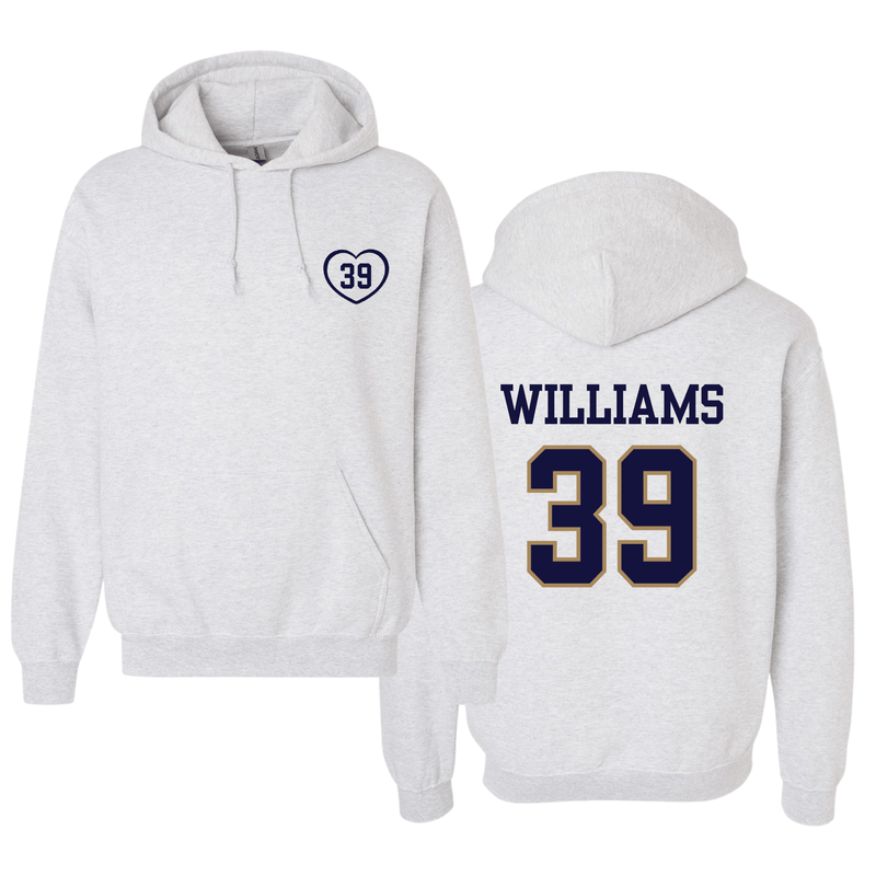 Gray hoodie with navy heart “39” on chest and bold “WILLIAMS 39” across the back