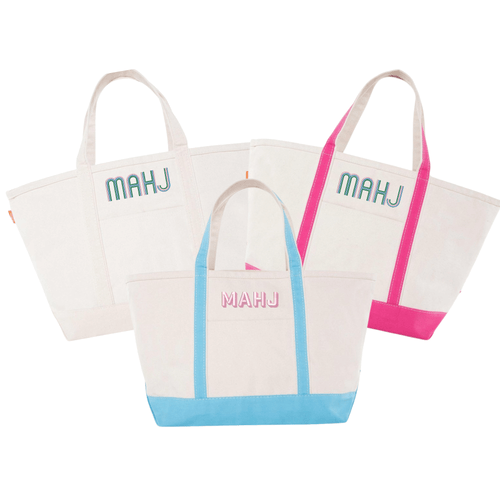 Canvas tote bag designed for mahjong, personalized with monogram.