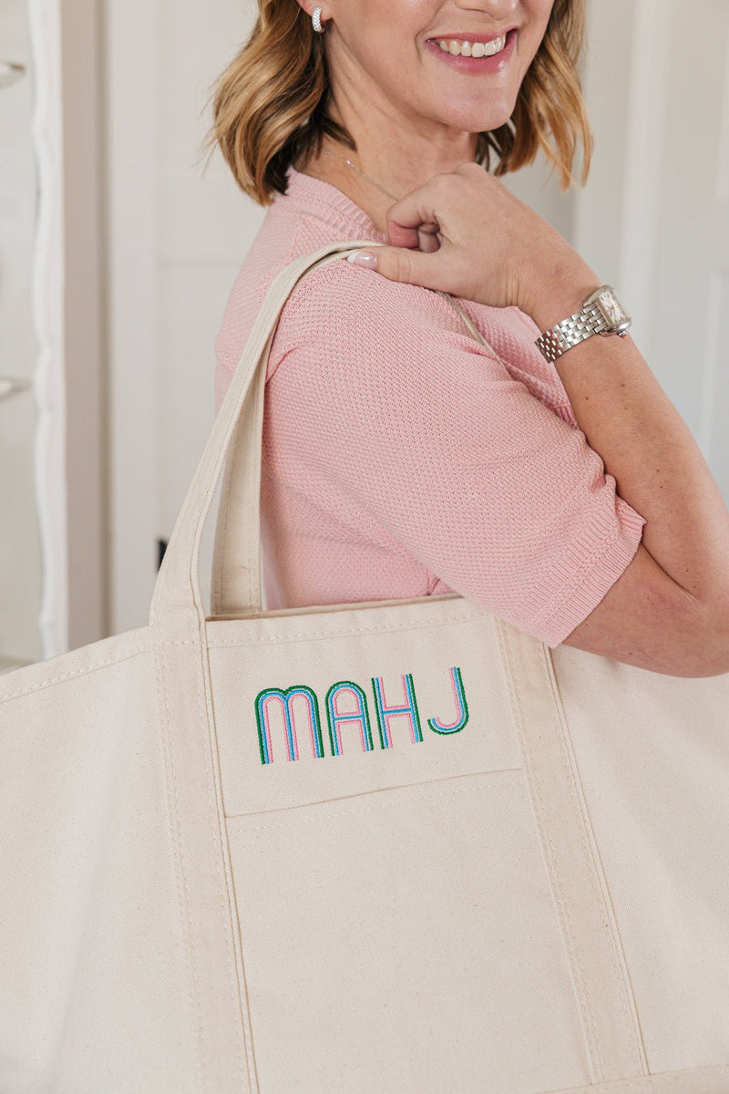 Embroidered Mahjong canvas tote bag with monogram perfect for game nights or gifting.