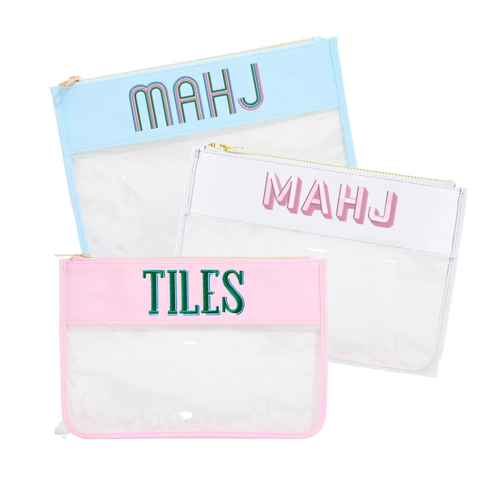 A white, pink, and blue nylon clear pouch are customized with mahjong designs