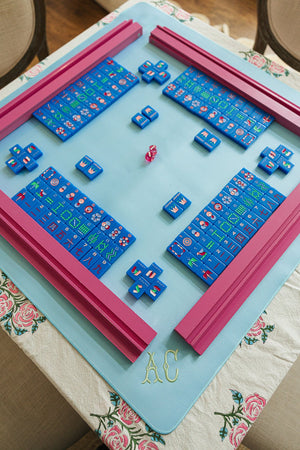 Pink embroidered mahjong tile mat with monogram elegant personalized game night gift.