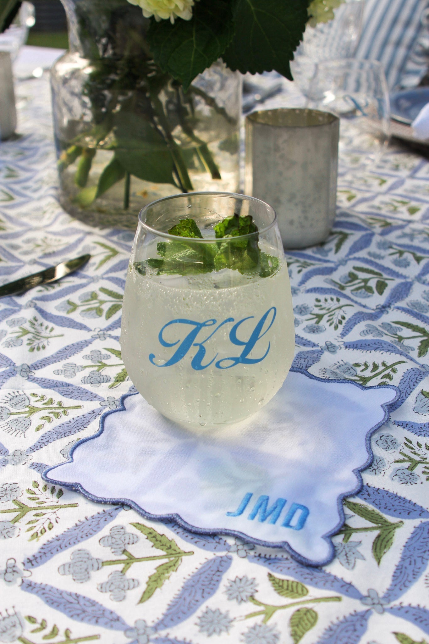 Set of 4 Monogram Scalloped Cocktail Napkins with embroidered initials.