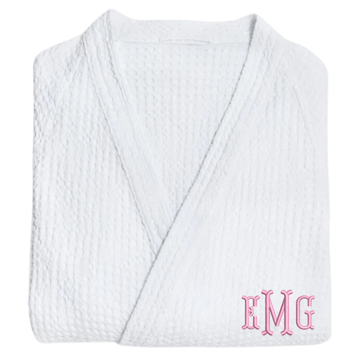 White waffle knit robe with embroidered monogram detail on chest.