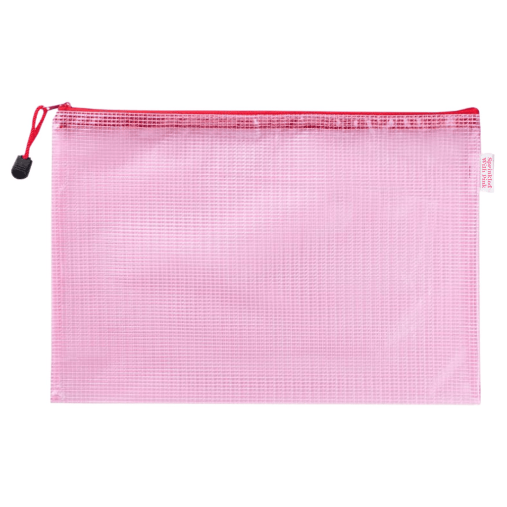 Custom Gameday Pool Bag—pink mesh zip pouch with red cord, ready for personalized name, number, or team.