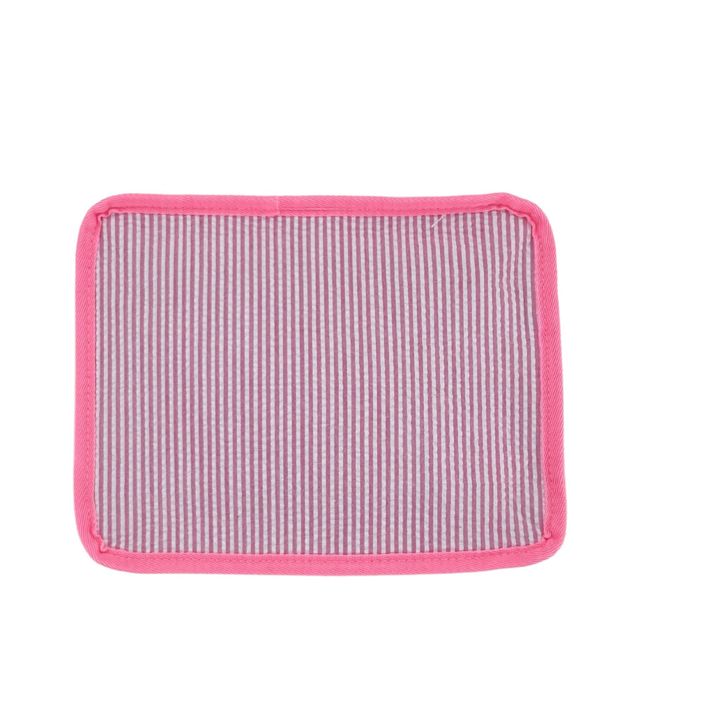 Set of three embroidered seersucker packing cubes personalized with initials, perfect for organized travel.