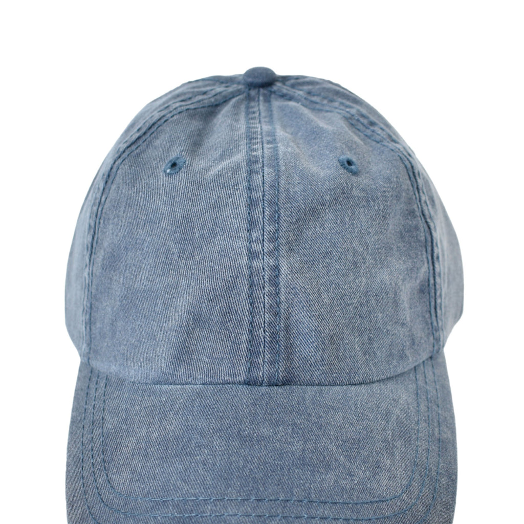 Denim blue baseball hat featuring embroidered shadow monogram, perfect for casual outfits and custom gifting.