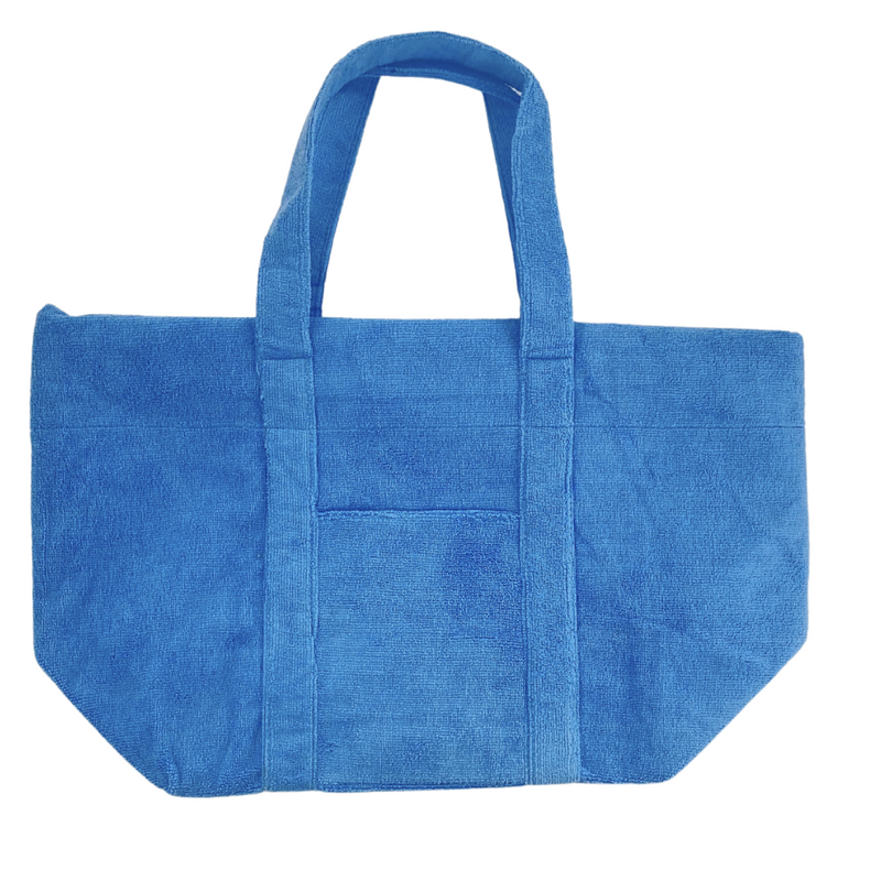 Bright blue embroidered terry tote, lightweight personalized summer travel bag.