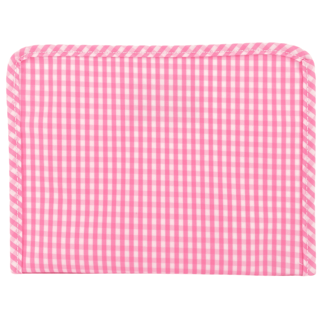 Pink gingham TRVL Roadie bag perfect for bridesmaid gifting.