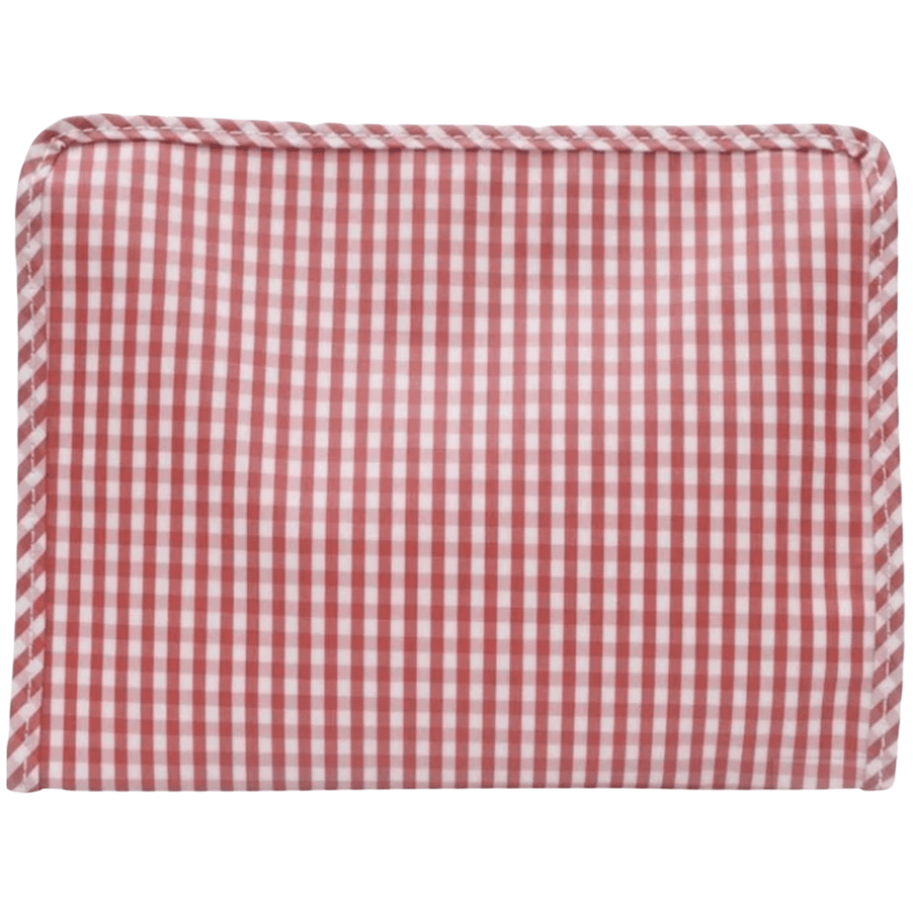 Red gingham embroidered TRVL Roadie travel bag, personalized pouch for organized packing.