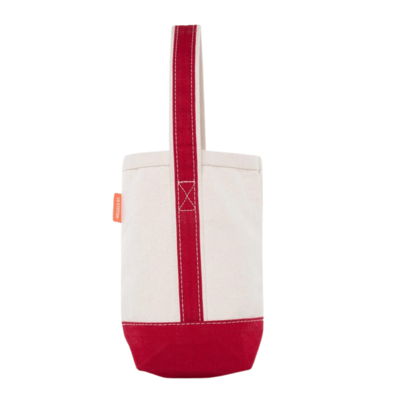 Red embroidered wine carrier, personalized wine gift bag perfect for holiday or hostess gifting.