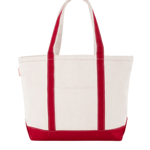Natural canvas tote bag with red handles and base