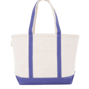 Natural canvas tote bag with periwinkle purple handles and base