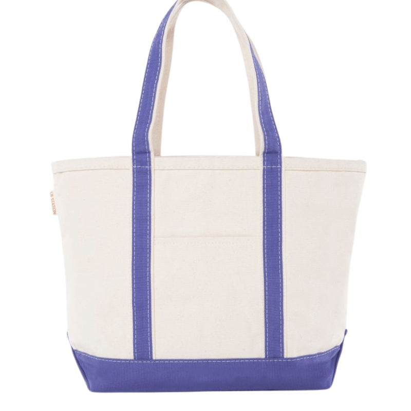 Natural canvas tote bag with periwinkle purple handles and base