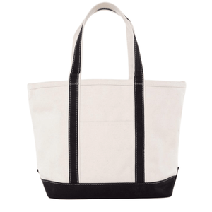 Natural canvas tote bag with black handles and base