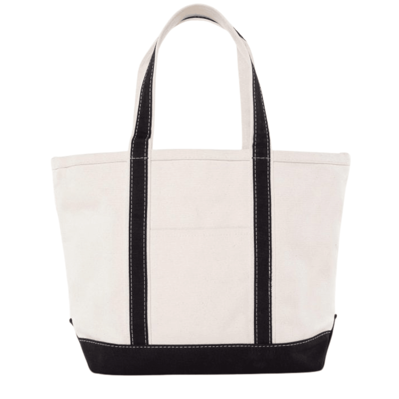 Natural canvas tote bag with black handles and base