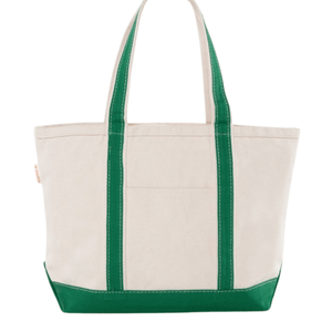 Natural canvas tote bag with kelly green handles and base