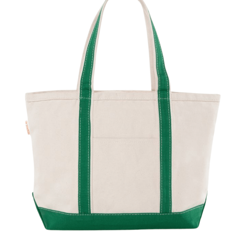 Natural canvas tote bag with kelly green handles and base