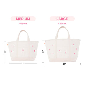 Size comparison chart of medium and large canvas totes, showing 5 icon spots on the 18-inch medium bag and 8 icon spots on the 25-inch large bag