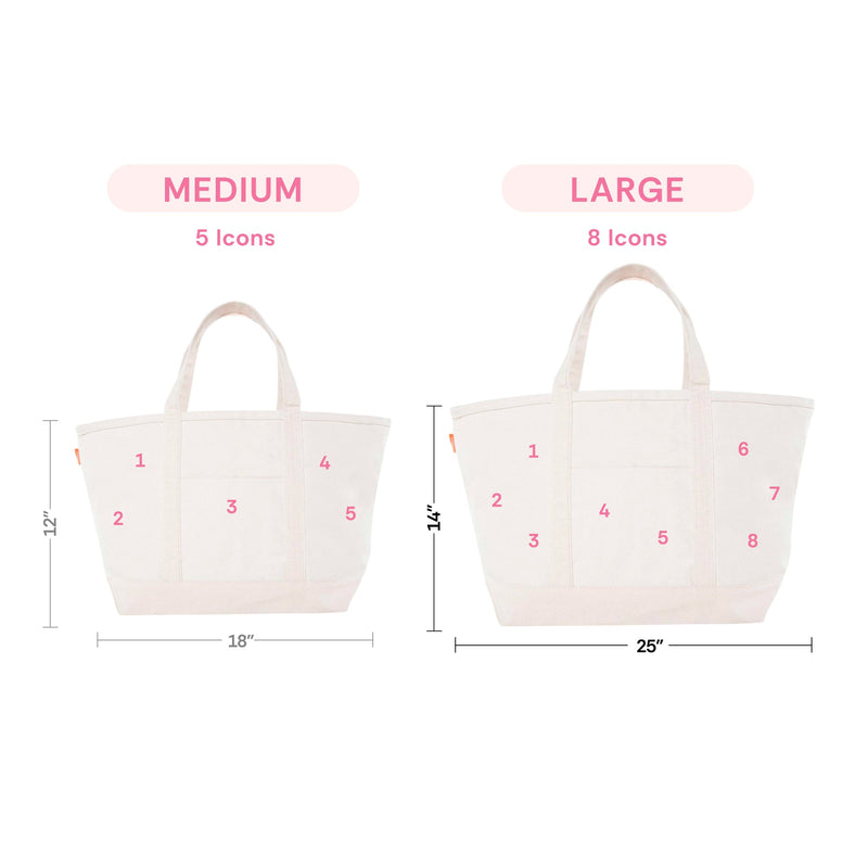 Size comparison chart of medium and large canvas totes, showing 5 icon spots on the 18-inch medium bag and 8 icon spots on the 25-inch large bag