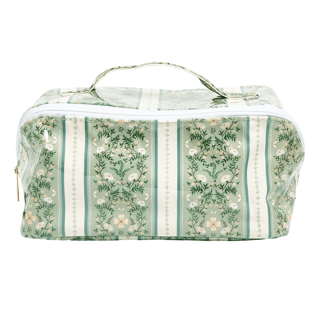 Green floral stripe flat lay pouch product photo with no monogram