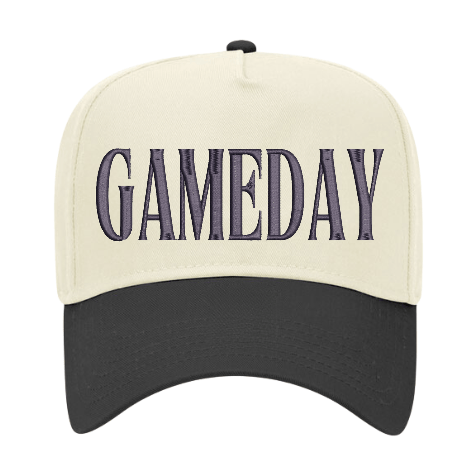 Cream-front vintage trucker hat with black brim, featuring raised black puff embroidery spelling “GAMEDAY.”