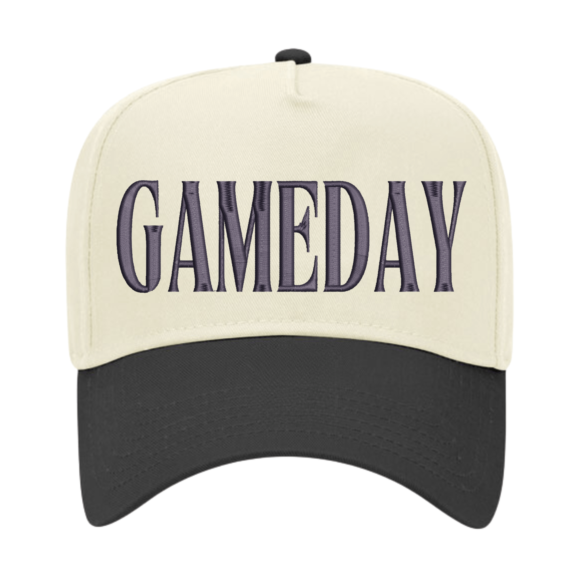 Cream-front vintage trucker hat with black brim, featuring raised black puff embroidery spelling “GAMEDAY.”