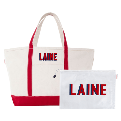 Natural canvas gameday tote with red trim embroidered "LAINE" in red and navy, paired with a matching clear mesh pool bag embroidered "LAINE"