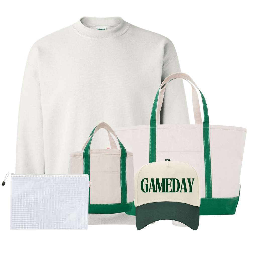 Bundle: white crewneck, green-trim totes, GAMEDAY hat, and clear pool bag.