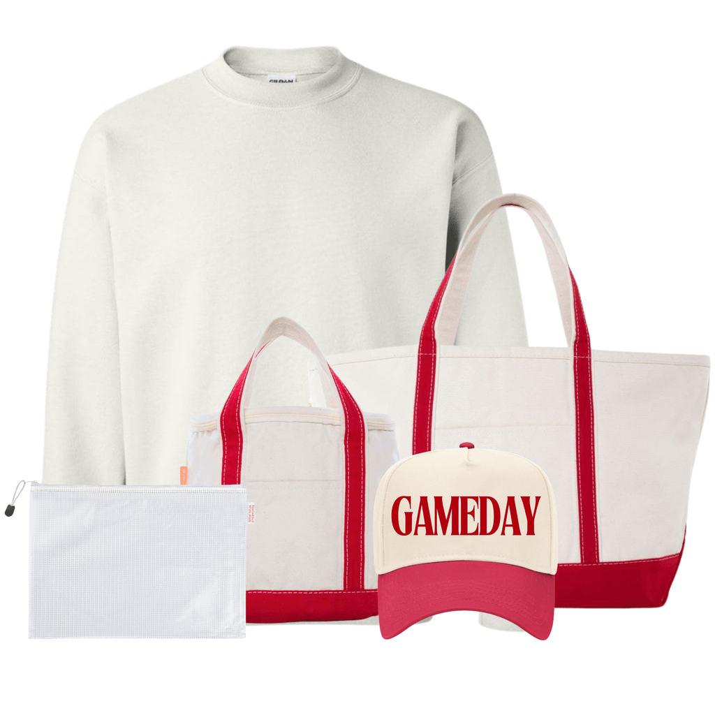 Bundle: white crewneck, red-trim totes, GAMEDAY hat, and clear pool bag.