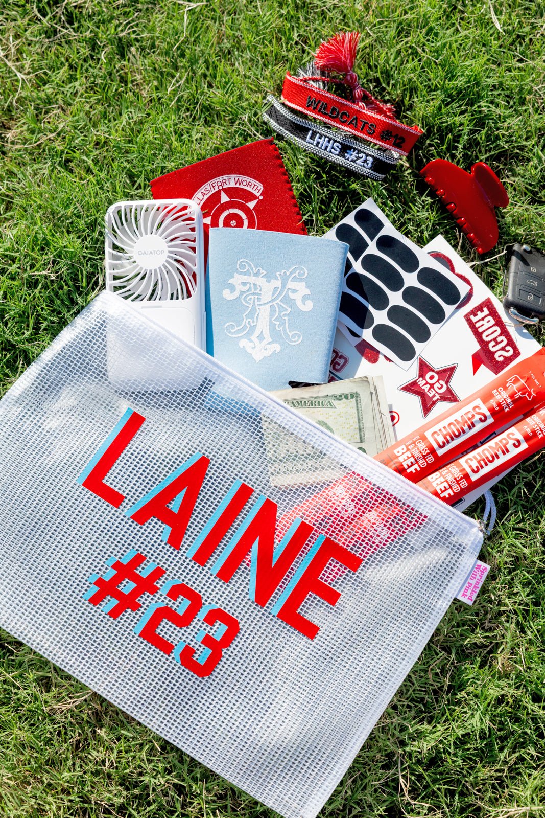 Three mesh pool bags in red, teal, and green, with bold embroidery: “LAINE #12,” “#13,” “PANTHERS”