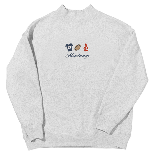 Heather gray mockneck sweatshirt embroidered with a football jersey "27," football, and foam finger icons above "Mustangs" in navy script