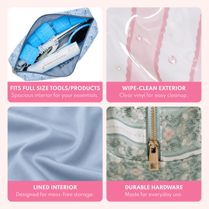 Close-up of a blue floral hair tools bag open with a curler, cord, and brush inside, clear pink-trimmed vinyl fabric with water droplets, light blue satin lining, and a gold zipper on green floral fabric, with text describing it as fitting full size tools, a wipe-clean exterior, lined interior, and durable hardware.