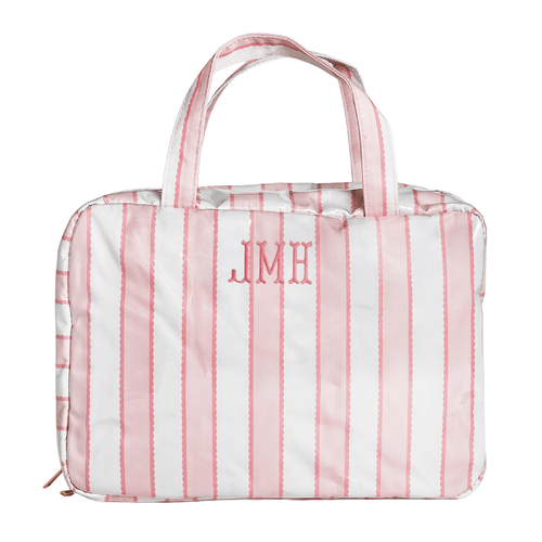 Pink striped hanging toiletry bag monogrammed JMH