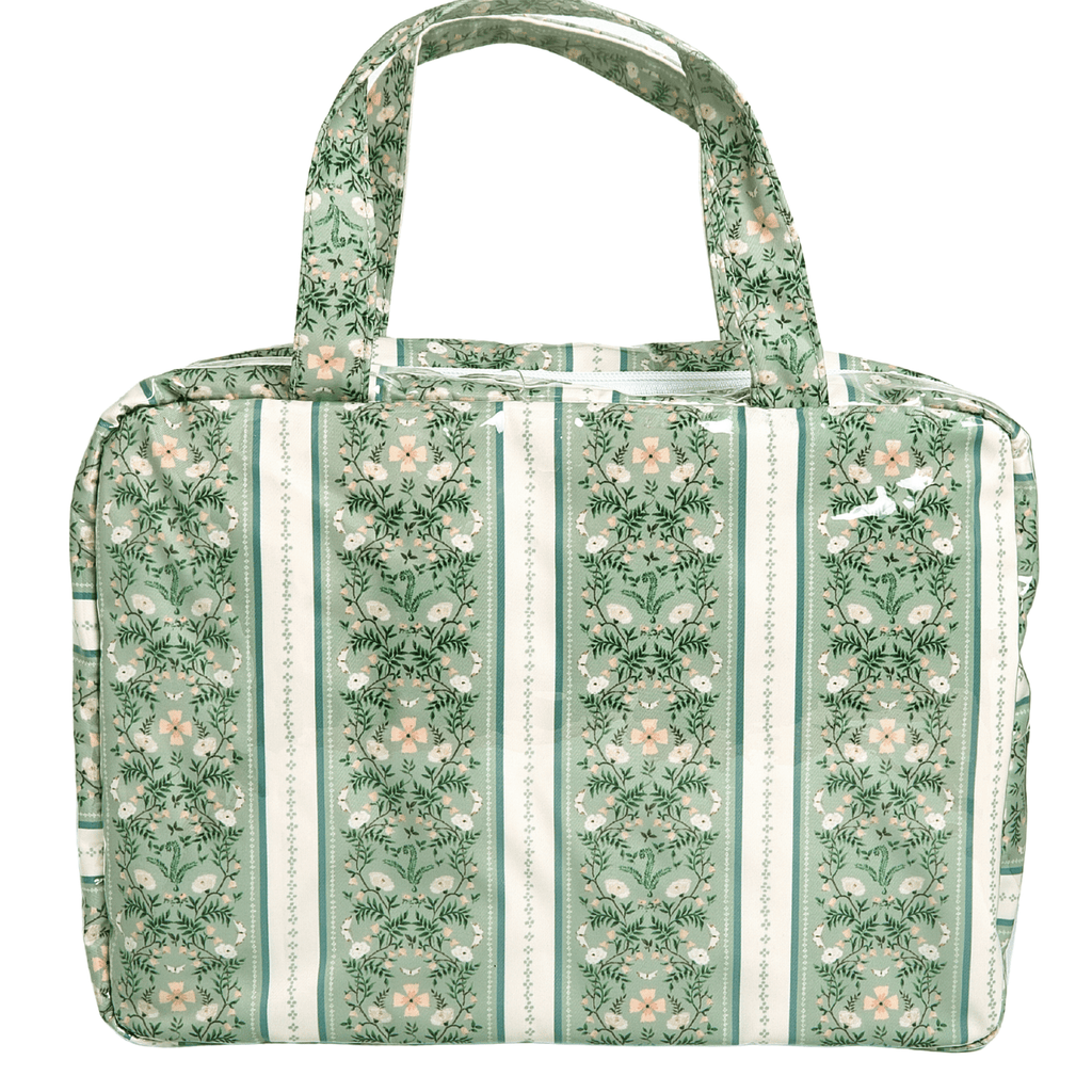 Sage green floral stripe hanging toiletry bag product photo with no monogram