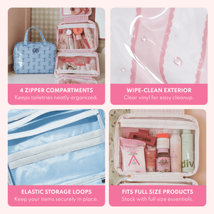 Four-panel graphic highlighting hanging toiletry bag features: 4 zipper compartments shown with a blue floral bag monogrammed CHS and an open pink organizer, wipe-clean vinyl exterior, elastic storage loops, and compartments fitting full size products