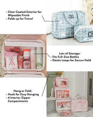 Blue floral monogrammed hanging toiletry bags shown with product features including clear-coated finish, interior storage, and hanging hook.