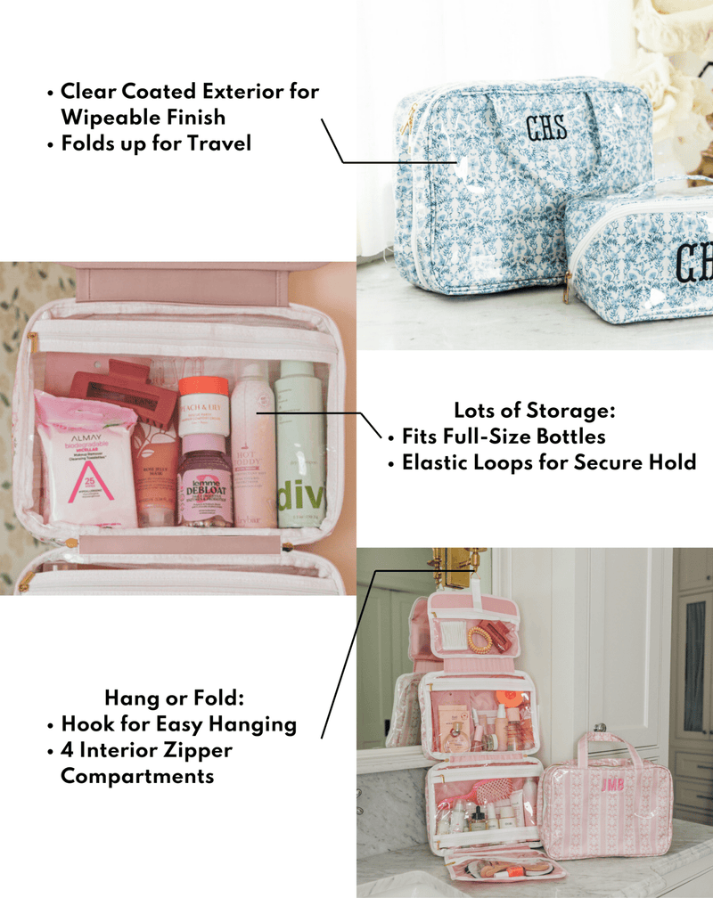 Blue floral monogrammed hanging toiletry bags shown with product features including clear-coated finish, interior storage, and hanging hook.