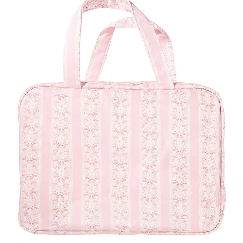 Pink striped hanging toiletry bag with dual handles, wipeable coating, and monogram personalization option.