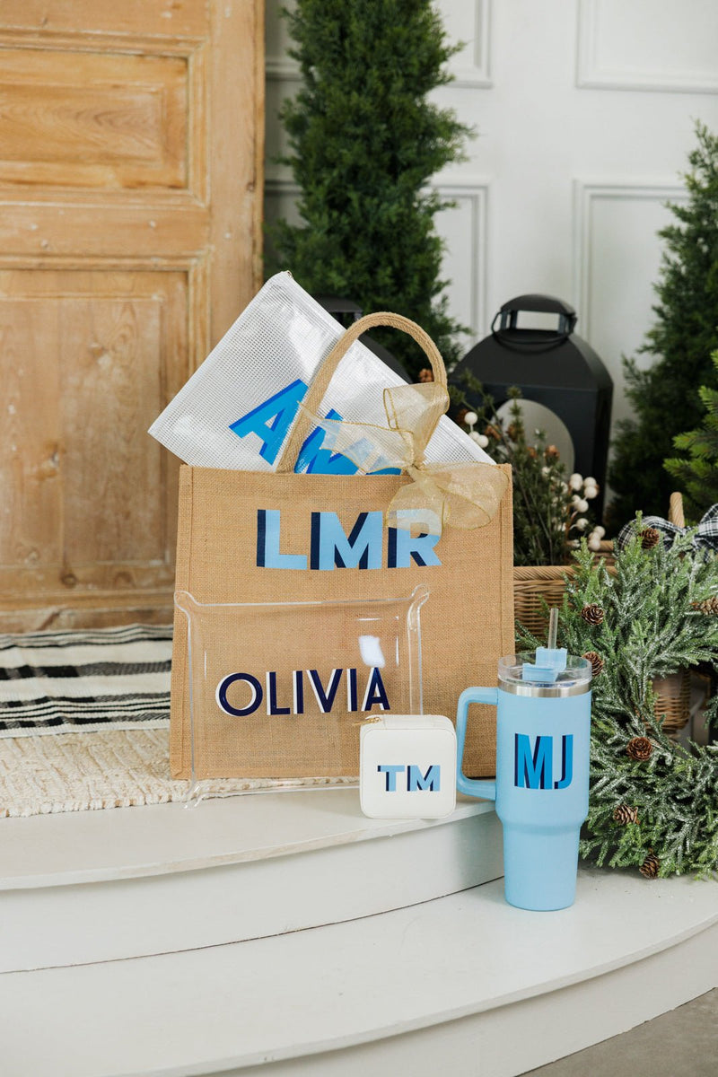 Monogrammed jute carryall tote for errands or gifting, eco-friendly bag