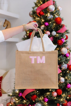 Jute carryall tote with embroidered monogram, festive personalized holiday bag