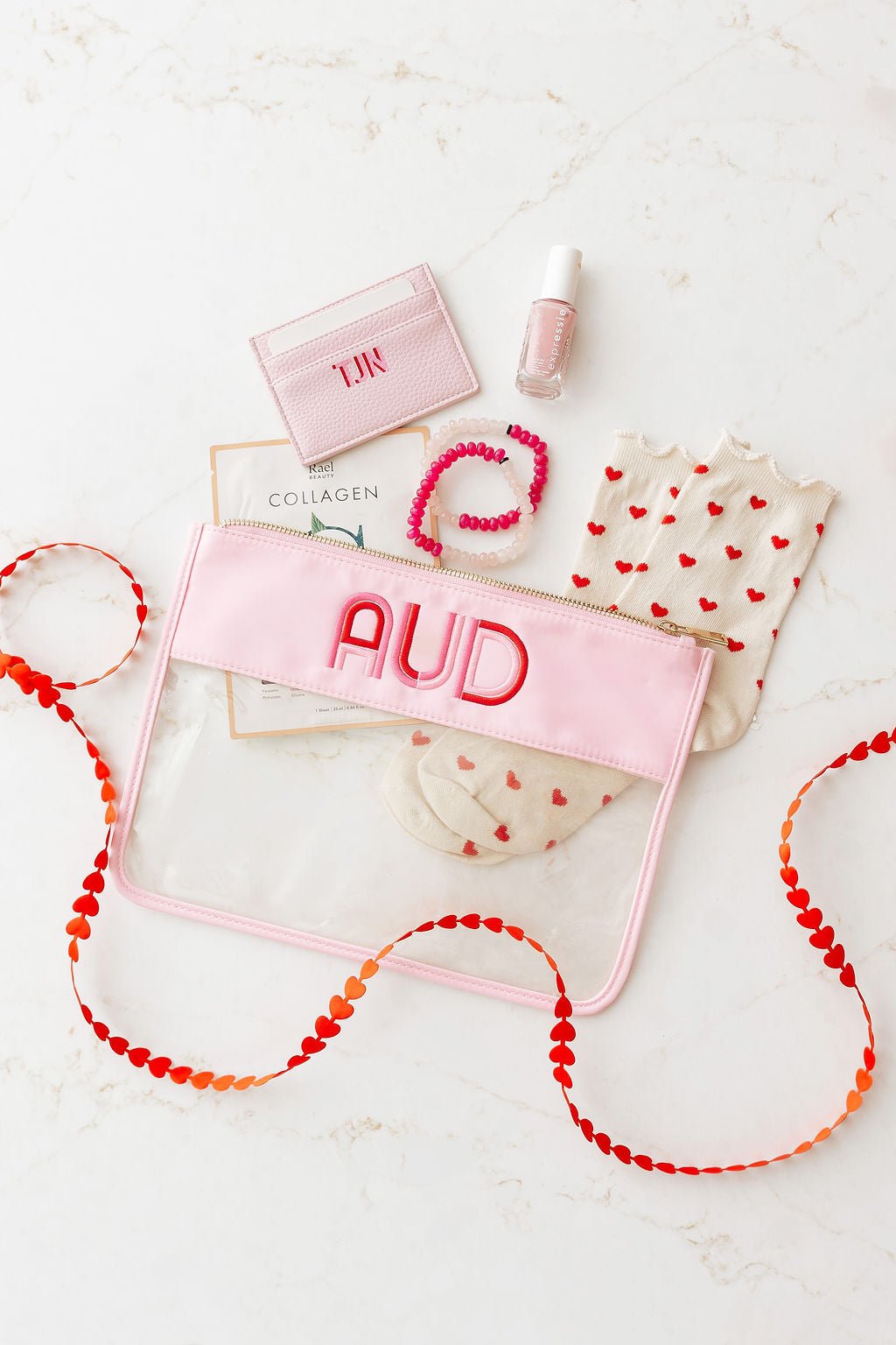 Personalized nylon Mahjong pouches in blue and pink