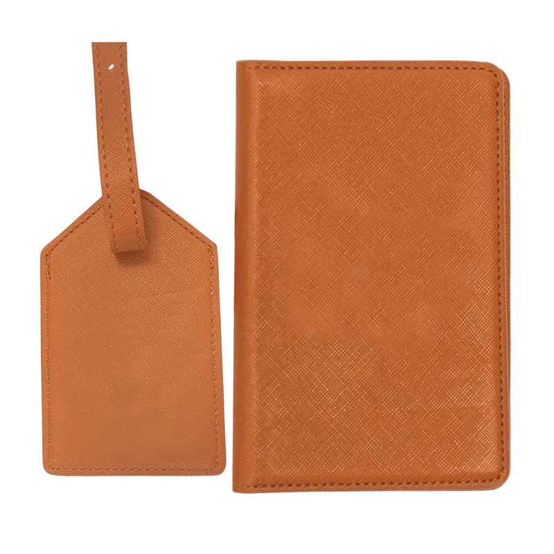 Tan luggage tag & passport holder set with initials, personalized travel gift.