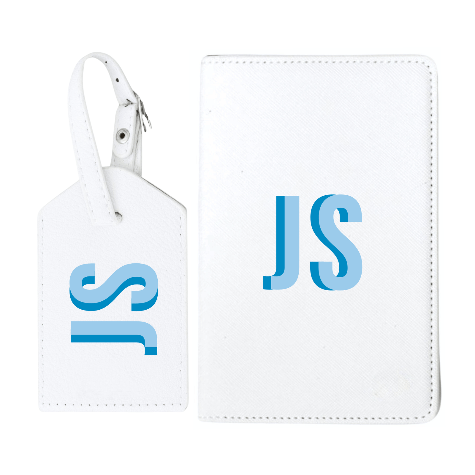 White set with blue monogram, personalized luggage tag & passport holder.