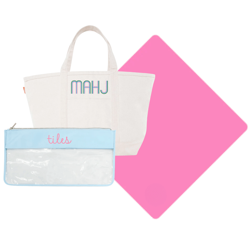 Custom Mahjong essentials set from Sprinkled With Pink featuring personalized tote and coordinated accessories.