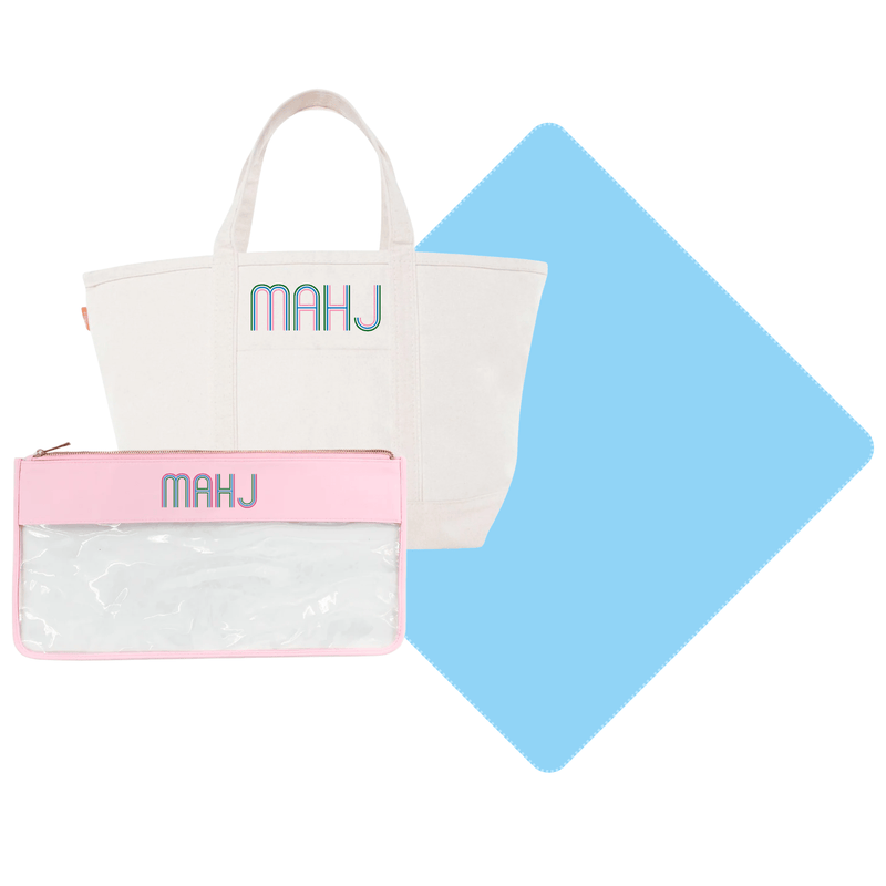 Sprinkled With Pink Mahjong essentials set in pastel tones with personalized tote and matching game accessories.