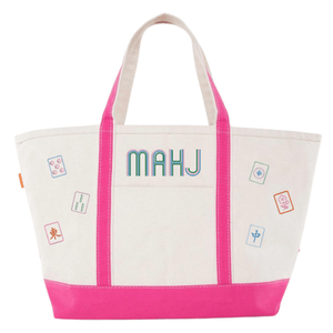 White canvas boat tote with pink trim, embroidered "MAHJ" and colorful mahjong tile icon patches
