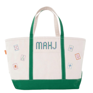 White canvas boat tote with green trim, embroidered "MAHJ" and colorful mahjong tile icon patches